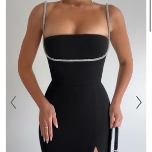 SHARLEY MIDI DRESS - DIAMANTE DETAIL PENCIL DRESS IN BLACK